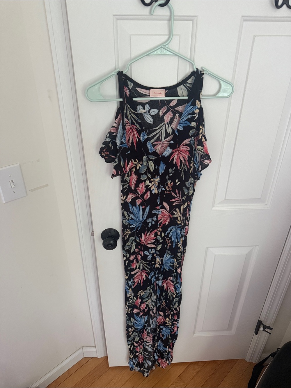 love...ady Black Floral Maxi Dress with Pink and Blue Leaves